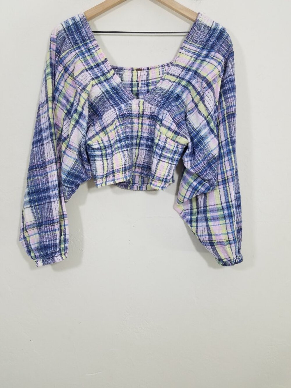 Free People Gauze Long Sleeve Plaid V-Neck Crop Top Blouse Tank Size S